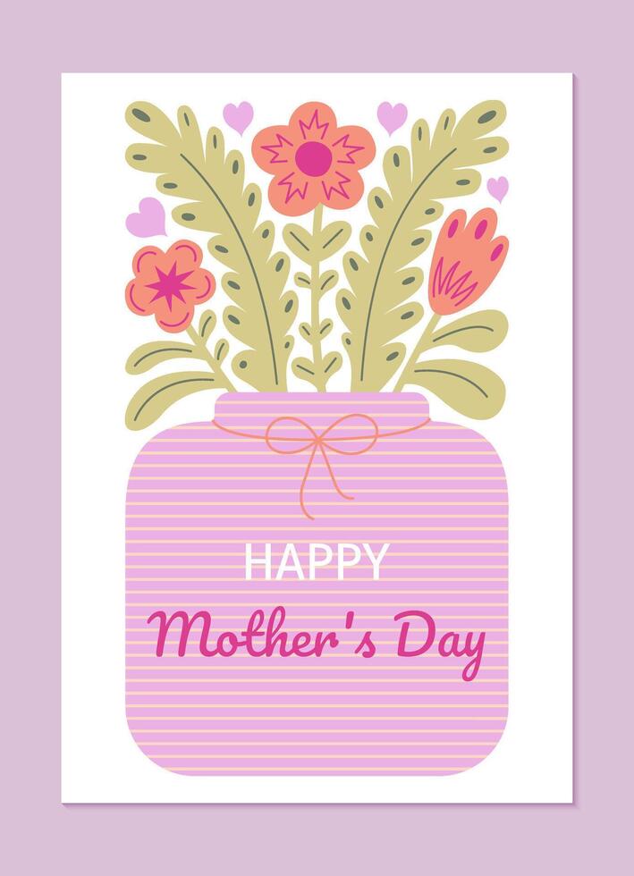 Lycklig mors dag hälsning kort med blommor i en vas i platt stil vektor