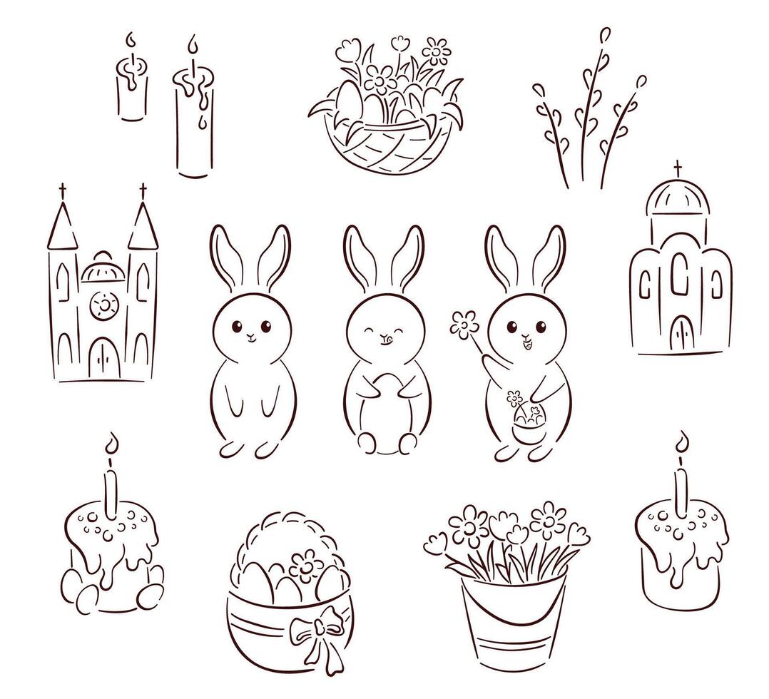 påsk linje konst vår samling. översikt uppsättning med kanin kanin, kyrka, paj, kaka. ljus, korg med blommor och pilar. vektor illustration isolerat på en vit bakgrund.