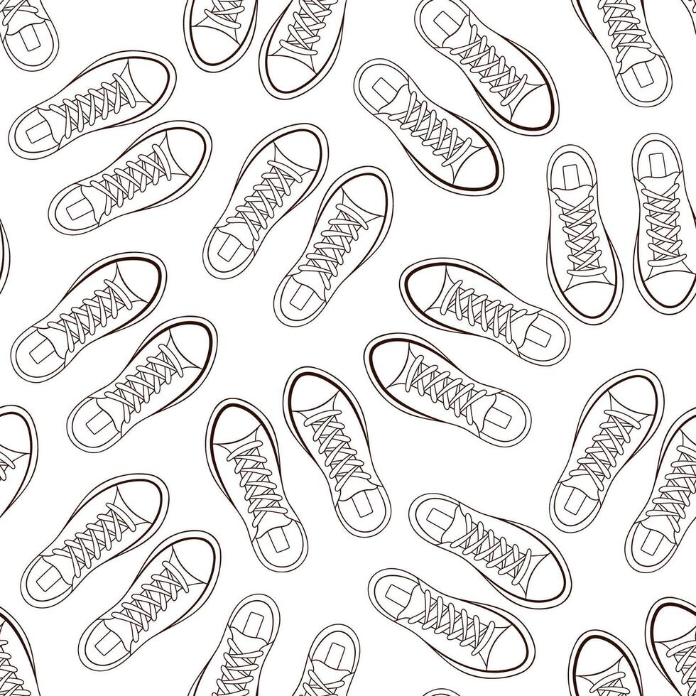 Linie Kunst Schuhe Turnschuhe nahtlos Muster. drucken mit männlich und weiblich Schuhwerk. Vektor Illustration auf ein Weiß Hintergrund.