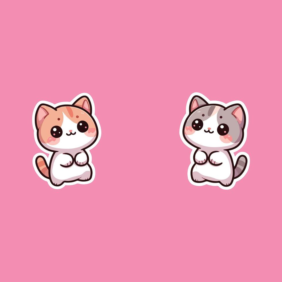 süß Katze Aufkleber mit Weiß Rand auf Rosa Hintergrund vektor