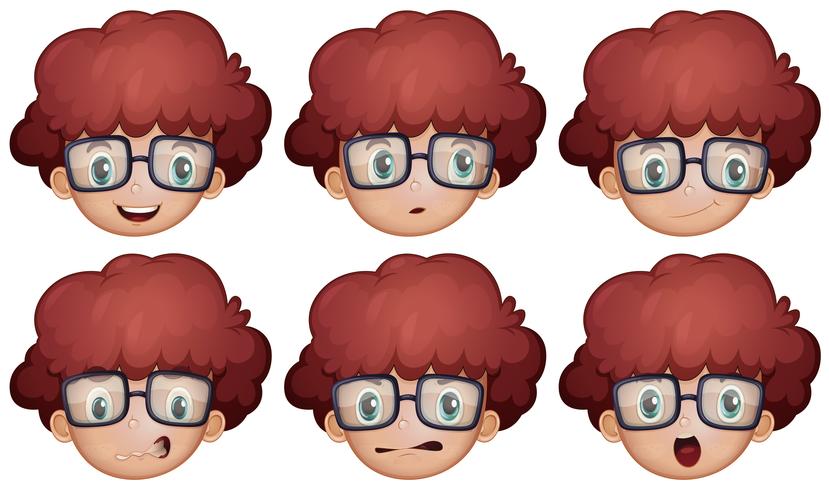 Pojke med glasögon med olika känslor vektor