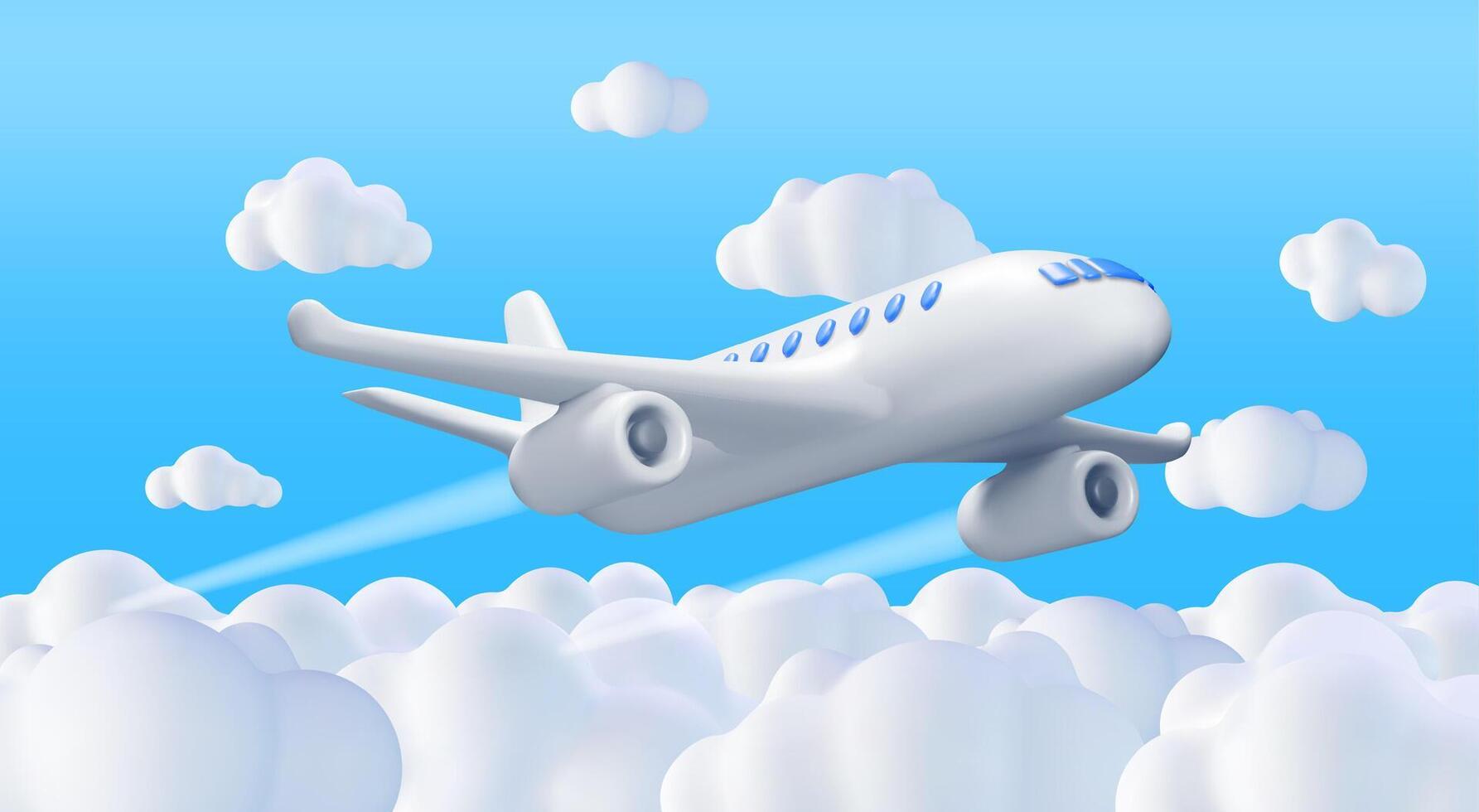 3d vit realistisk flygplan i moln. framställa passagerare eller kommersiell jet ikon. tid för resa begrepp. reser bokning byrå och flygbolag. Semester semester. vektor illustration