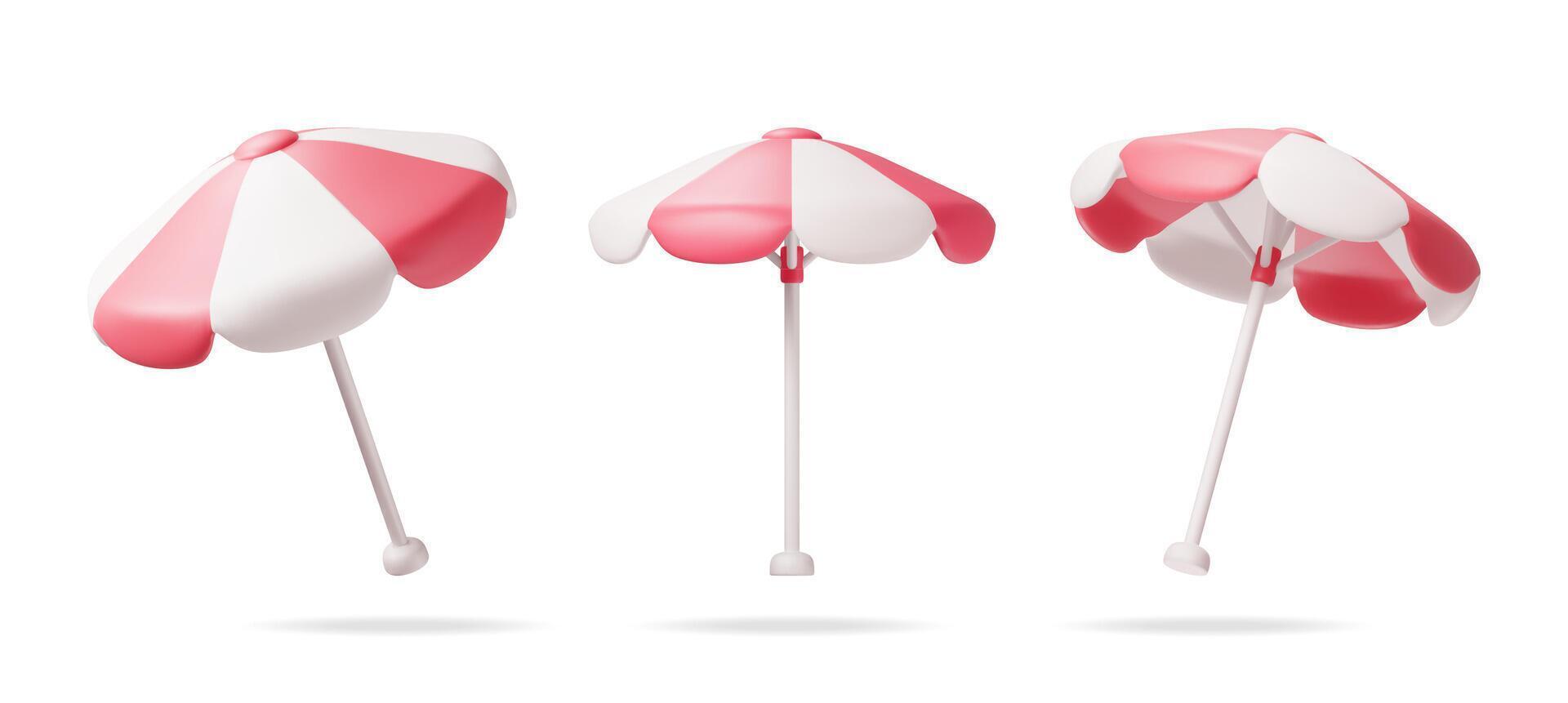 3d einstellen von rot Strand Regenschirm isoliert auf Weiß. machen Sonne Schatten Sonnenschirm Sammlung. Konzept von Sommer- Urlaub, Zeit zu Reise. Strand Bräunen Regenschirm. Vektor Illustration