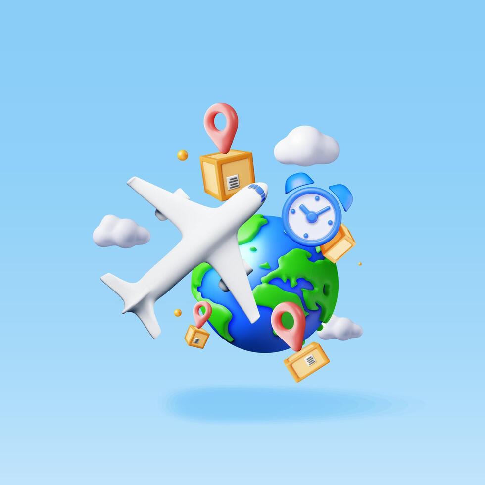 3d Lieferung Flugzeug, Globus und Karton Boxen. machen ausdrücken liefern Dienstleistungen kommerziell Ebene. Konzept von schnell und kostenlos Lieferung durch Flugzeug. Ladung und Logistik. Vektor Illustration
