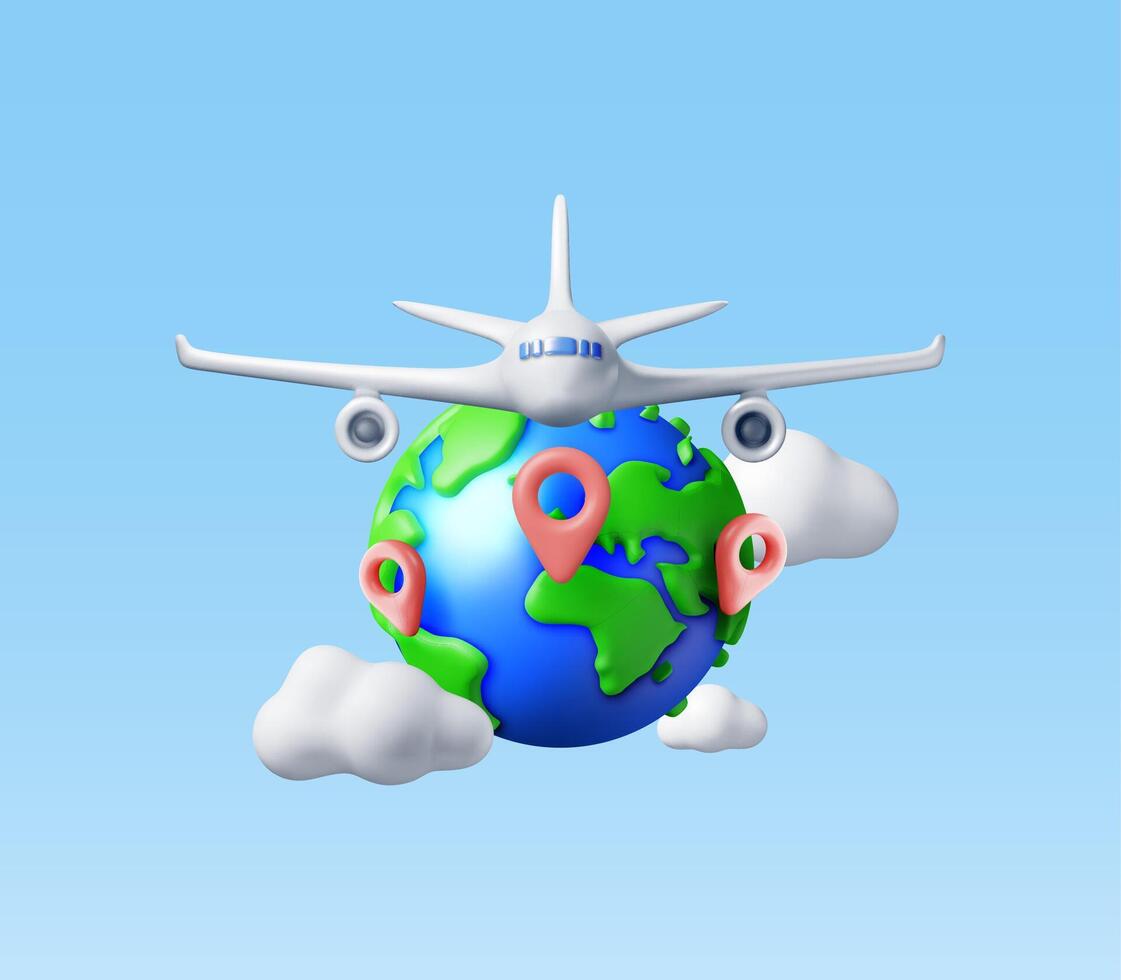 3d Flugzeug im Wolken und Globus isoliert. machen Welt Reisen durch Ebene. Welt Karte mit Ort Stift. Zeit zu Reise Konzept, Urlaub Planung. Tourist weltweit Transport. Vektor Illustration