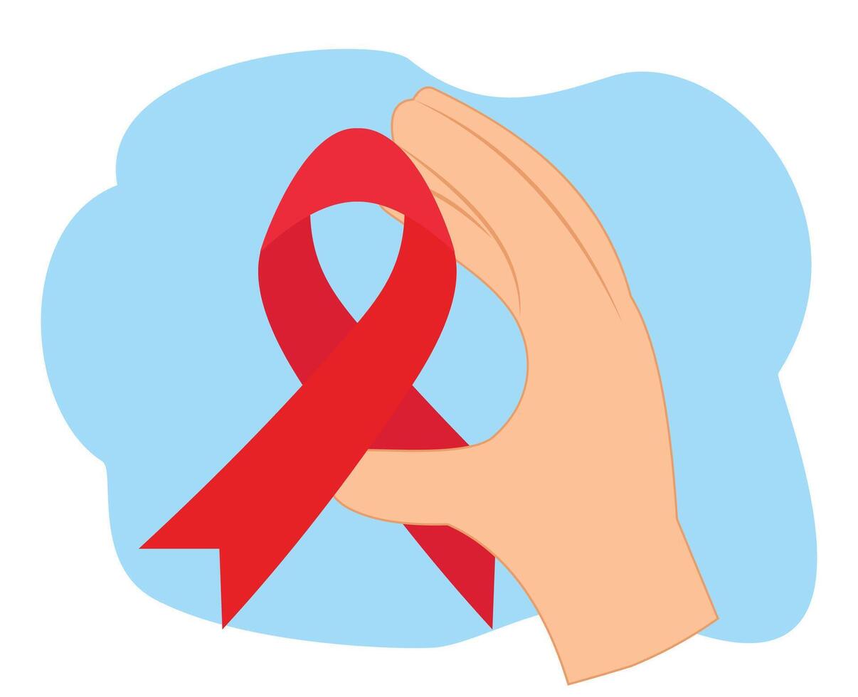 hand innehav röd band respekt till värld cancer dag eller medvetenhet cancer vektor
