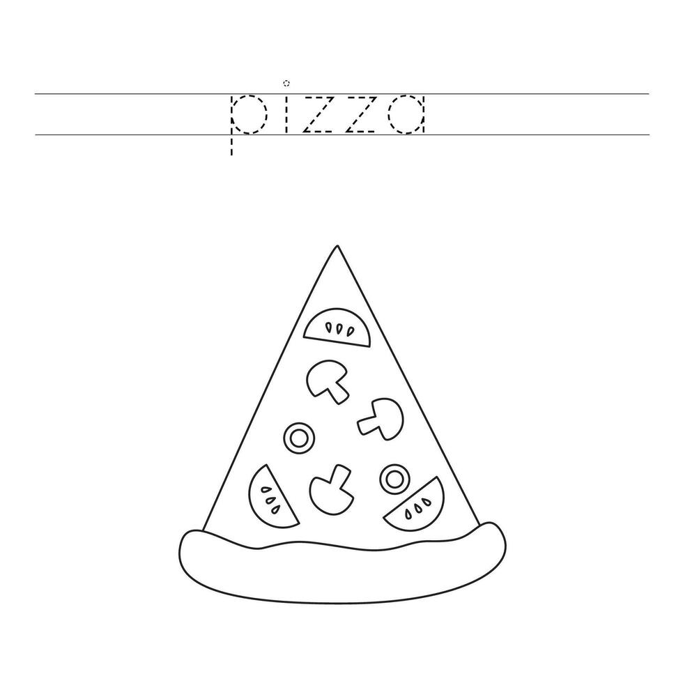 spår de brev och Färg tecknad serie pizza skiva. handstil öva för ungar. vektor