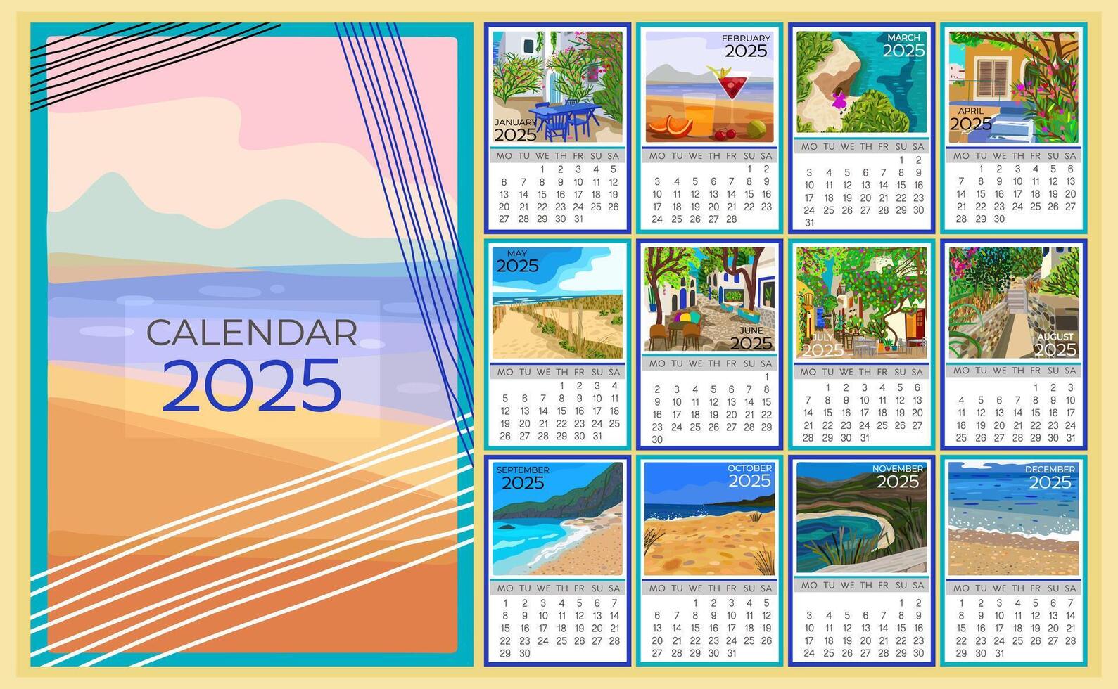 Kalender 2025. bunt monatlich Kalender mit verschiedene Süd- Landschaften. Woche beginnt auf Montag vektor