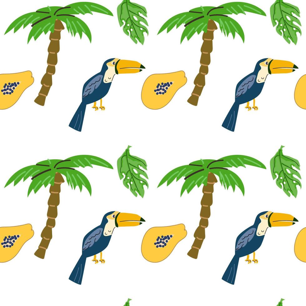 Sommer- tropisch Vogel Tukan und Palme, Obst Papaya nahtlos Muster vektor