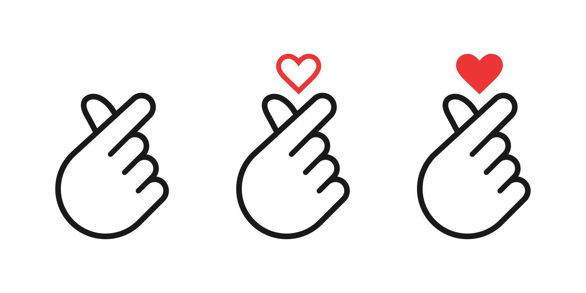 händer framställning mini hjärta symbol ikon. mini finger hjärta linje ikoner uppsättning. hand med kärlek ikon vektor illustration