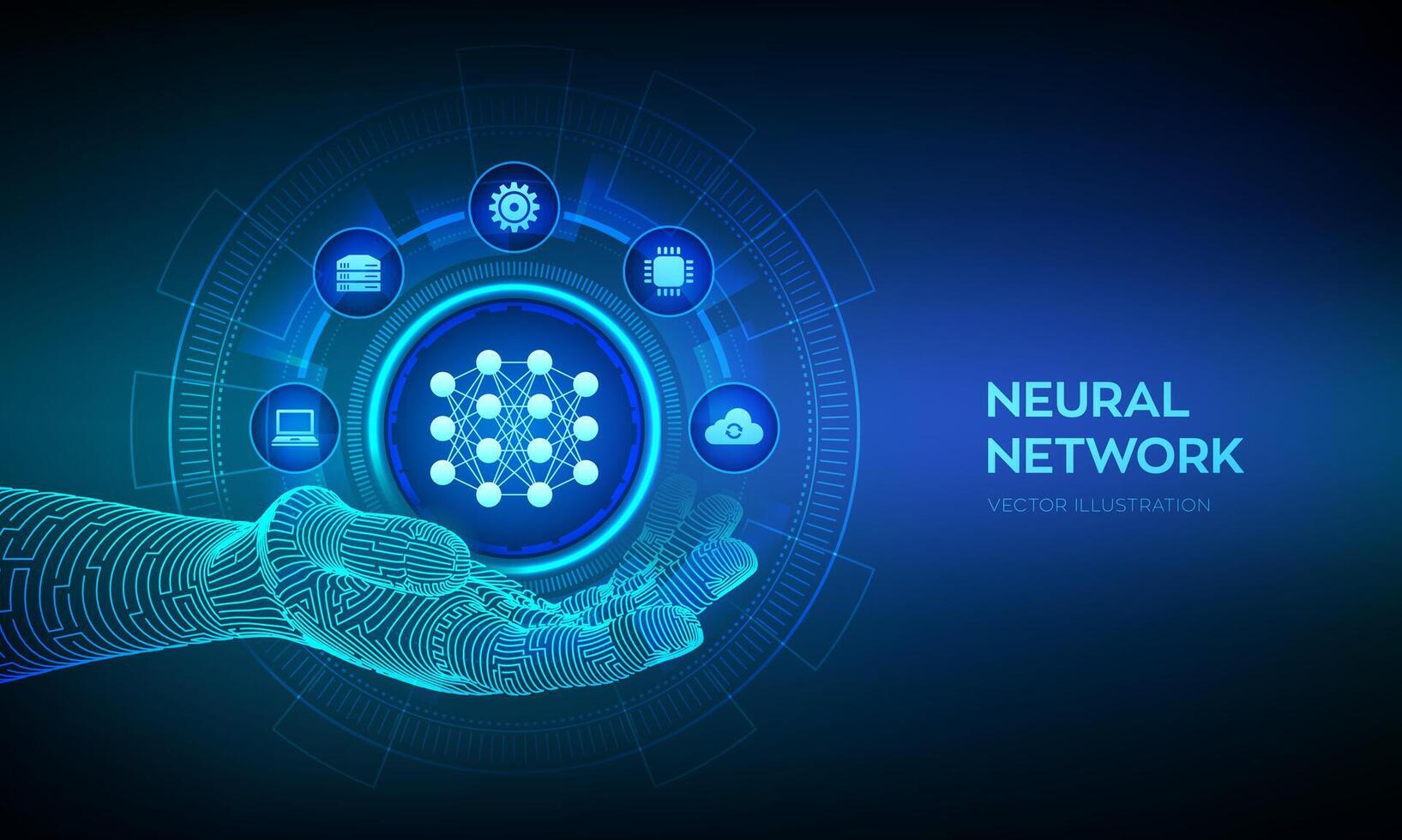 neural Netzwerk Symbol im Drahtmodell Hand. ai. künstlich Intelligenz. Maschine Lernen. tief Lernen. groß Daten Analyse Technologie Konzept. Vektor Illustration.