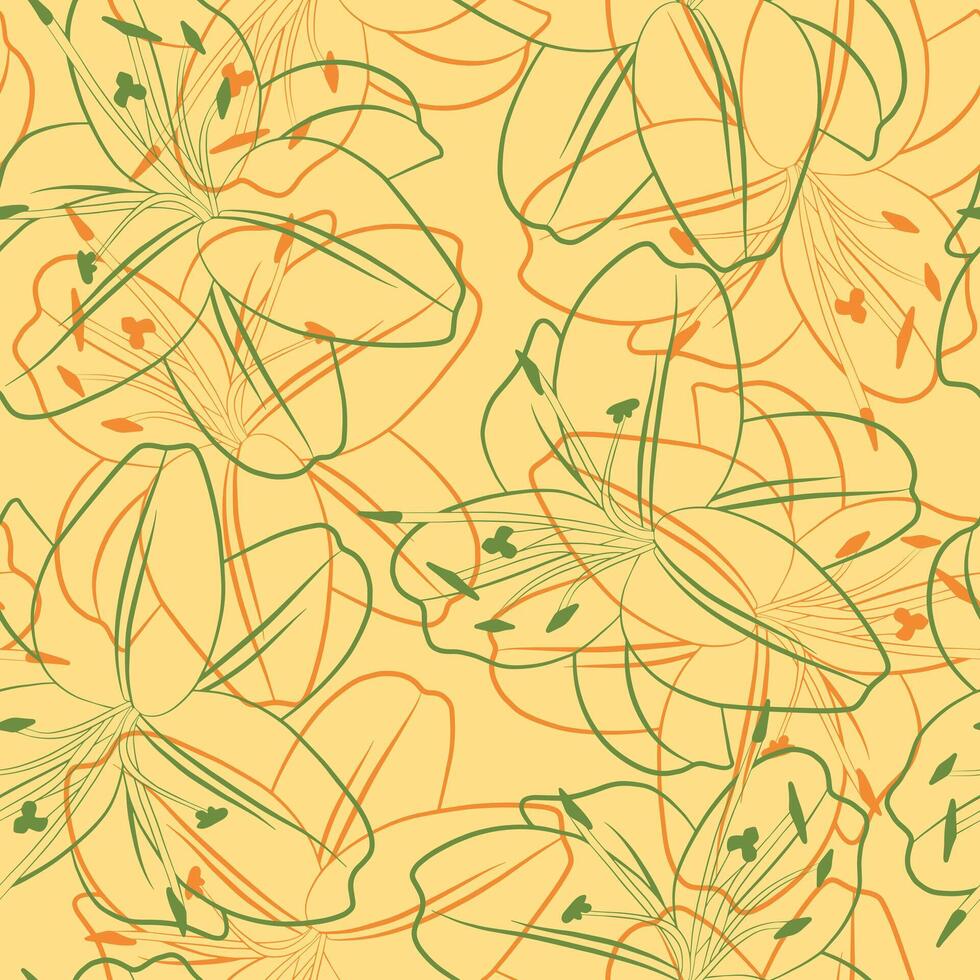 blommig sömlös mönster med lilly. botanisk brun tyg skriva ut mall. vektor illustration med lilja blommor översikt linjär skiss.