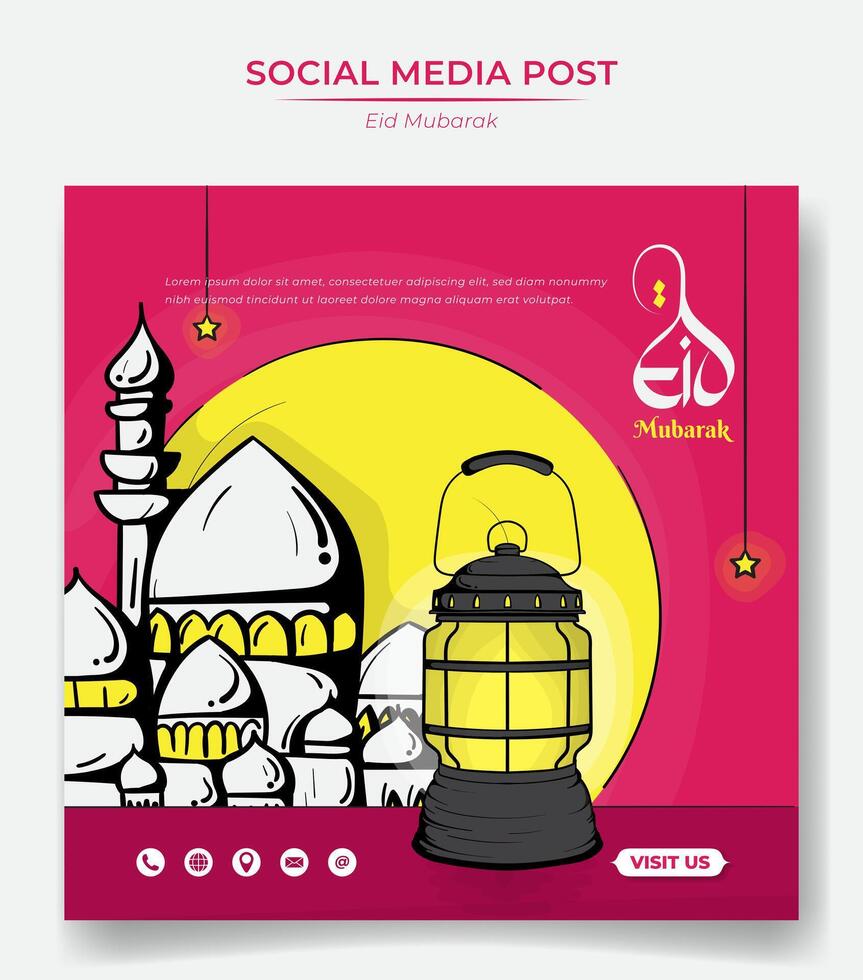 social media posta mall för eid mubarak eller ramadan kareem i fyrkant rosa bakgrund med moské och lykta design. islamic bakgrund i rosa design vektor