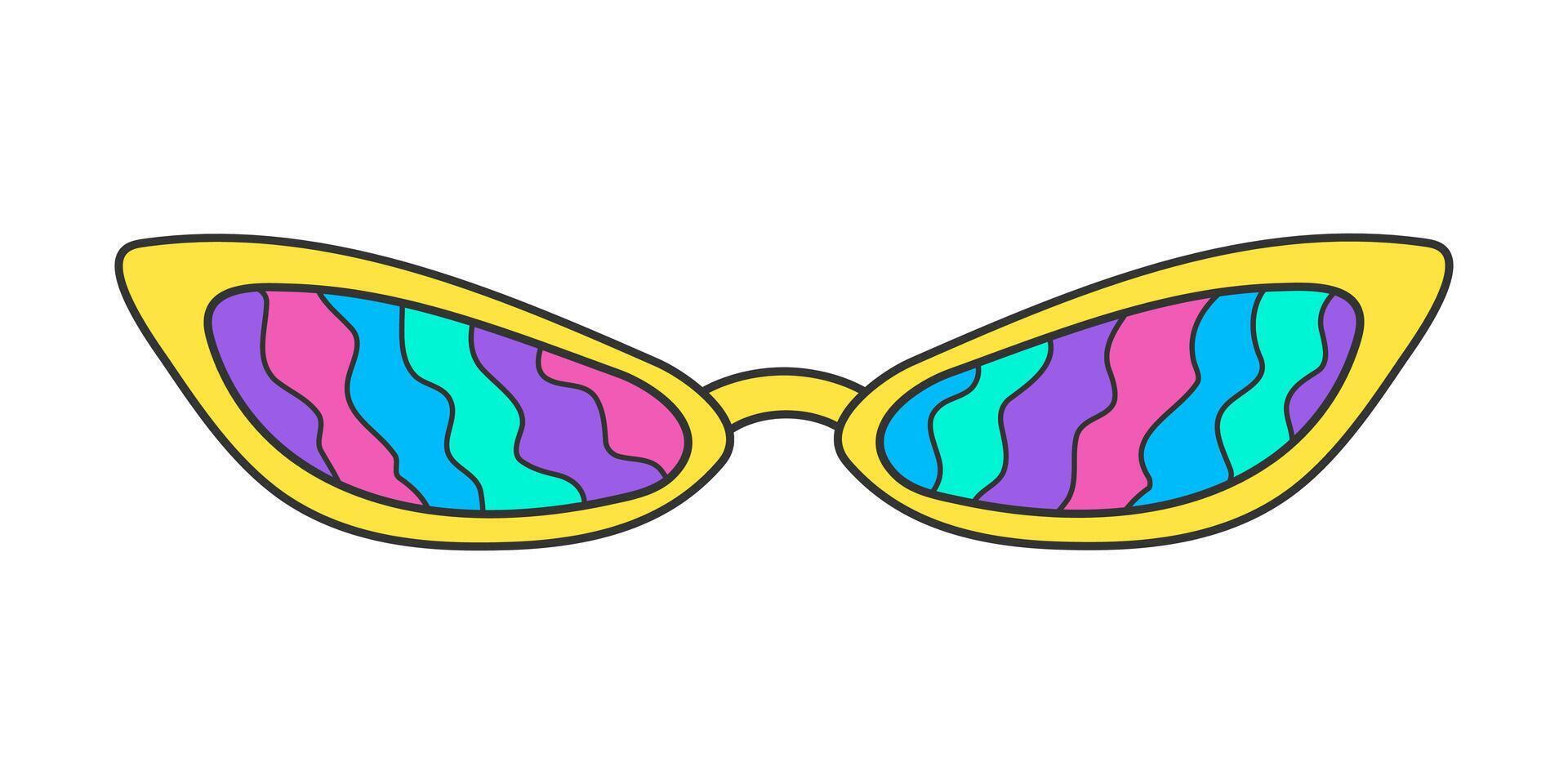 elegant Sonnenbrille im ein groovig Hippie Stil isoliert auf ein Weiß Hintergrund. Jahrgang retro Farben, Regenbogen Streifen drucken auf Glas. psychedelisch Vektor Neon- Gekritzel Aufkleber, 70er.