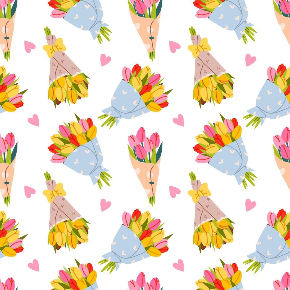 bukett med tulpaner sömlös mönster. blommig skriva ut. omslag papper design för mors dag, kvinnors dag och födelsedag vektor