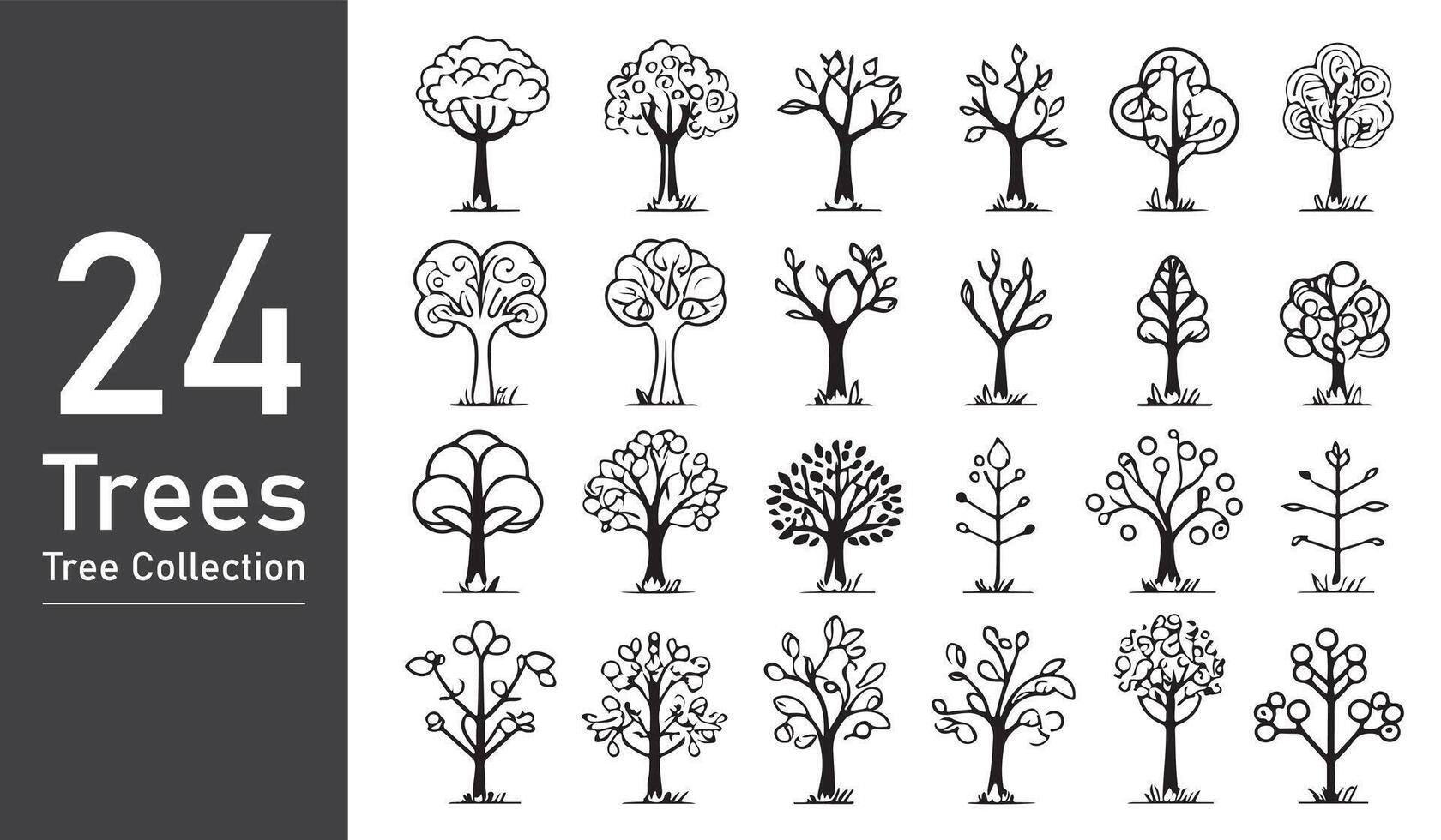 silhuett träd linje teckning uppsättning, sida se, uppsättning av grafik träd element översikt symbol. silhuett träd linje teckning uppsättning, sida se, ikon uppsättning av grafik träd element översikt symbol. vektor