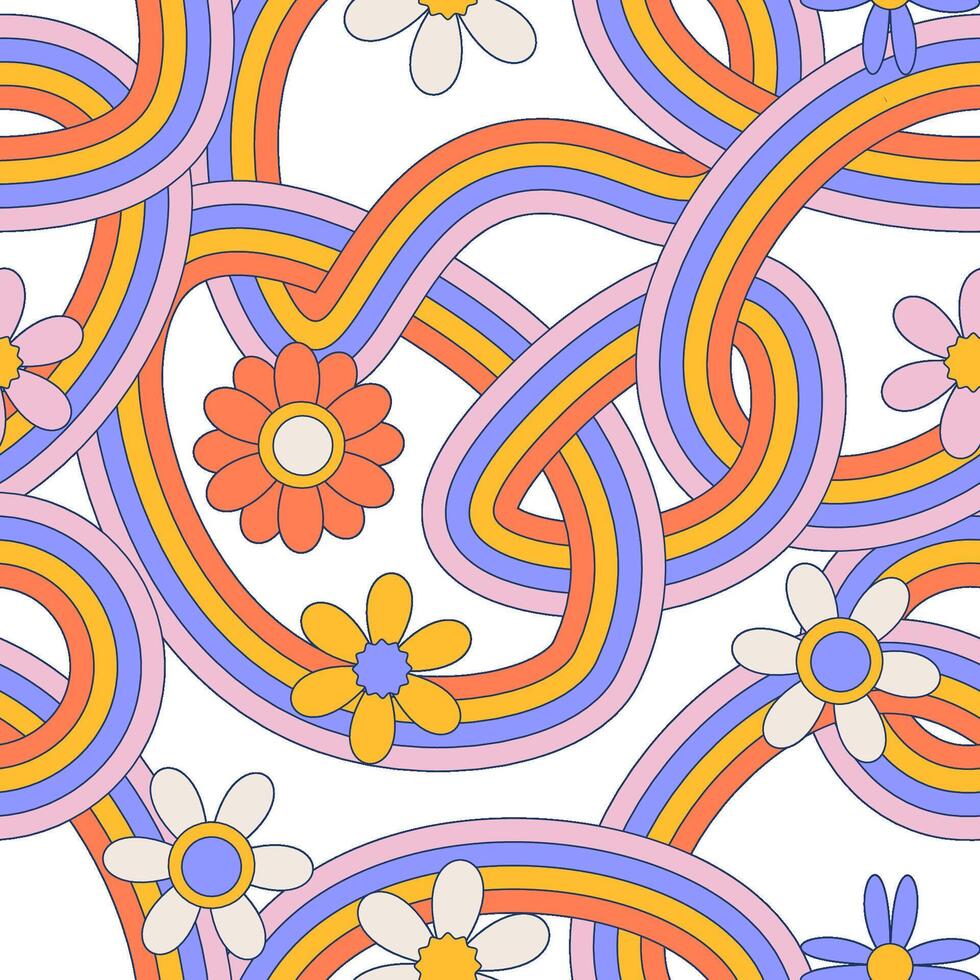 verheddert Regenbögen und Gänseblümchen Blumen Vektor nahtlos Muster. groovig farbig Linien einfach Gänseblümchen Blumen- Hintergrund. modern positiv kindisch Hippie dekorativ drucken Design.