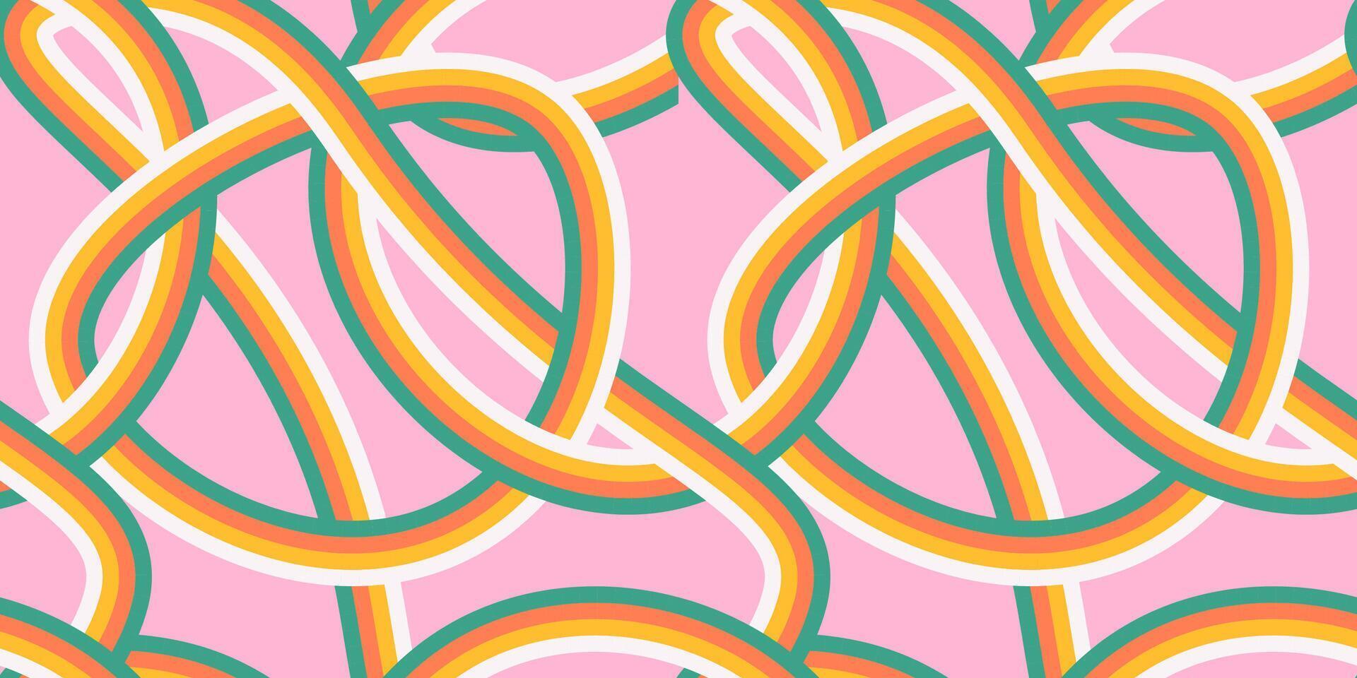 groovig verheddert Schleifen nahtlos Muster. psychedelisch gebogen Vektor Hintergrund im 1970er Jahre Hippie retro Stil zum drucken auf Textil, Verpackung Papier, Netz Design und Sozial Medien. Pastell- Farben.