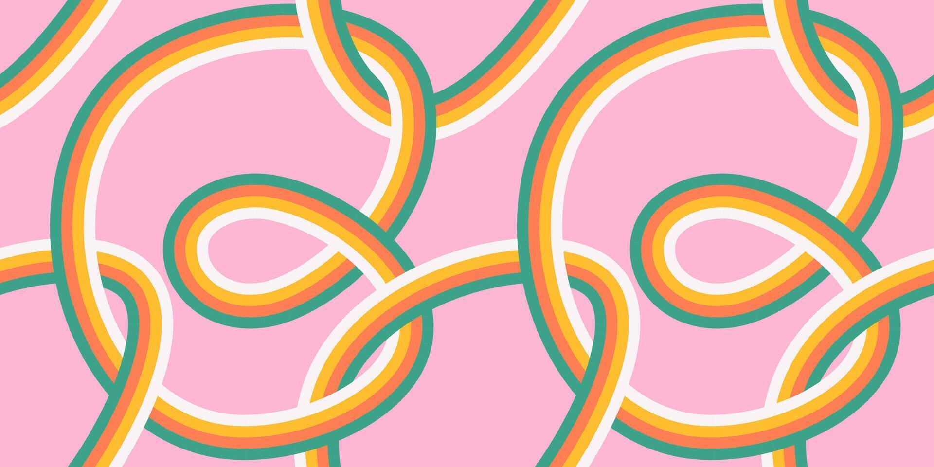 70s sömlös mönster med geometrisk tilltrasslad slingor. retro färgrik linje regnbåge sömlös bakgrund i sjuttiotalet stil. häftig klippbok papper bakgrund. pastell årgång färger vektor illustration.