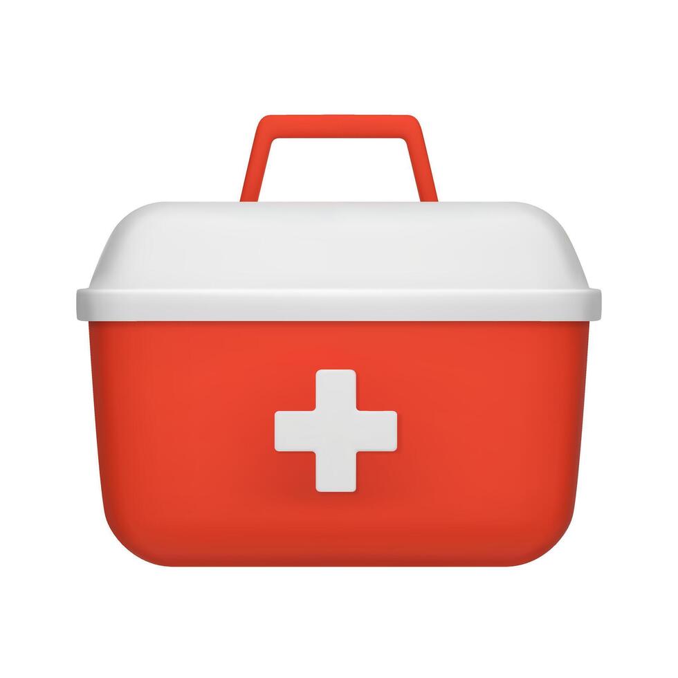 3d vektor realistisk stängd röd först hjälpa utrustning, nödsituation låda. medicinsk, sjukhus, läkare vård väska. symbol av säkerhet, brådskande karaktär hjälp. vektor illustration i tecknad serie minimal stil på en vit bakgrund