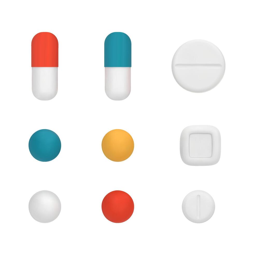 einstellen von 3d Vektor Pillen. Medikamente, Tablets, Kapseln, Droge von Schmerzmittel, Antibiotika, Vitamine. Gesundheitswesen Medikamente. Vektor Illustration im Karikatur minimal Stil isoliert auf ein Weiß Hintergrund