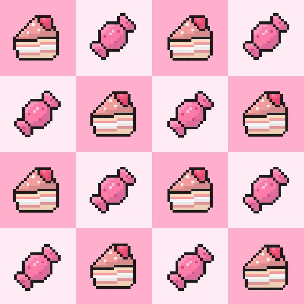 Süss Essen nahtlos Muster, Pixel Kunst Süßigkeiten, Rosa Farben, Süssigkeit, Stück von Kuchen mit Erdbeere auf Spitze, Hintergrund, Hintergrund, Vektor Illustration