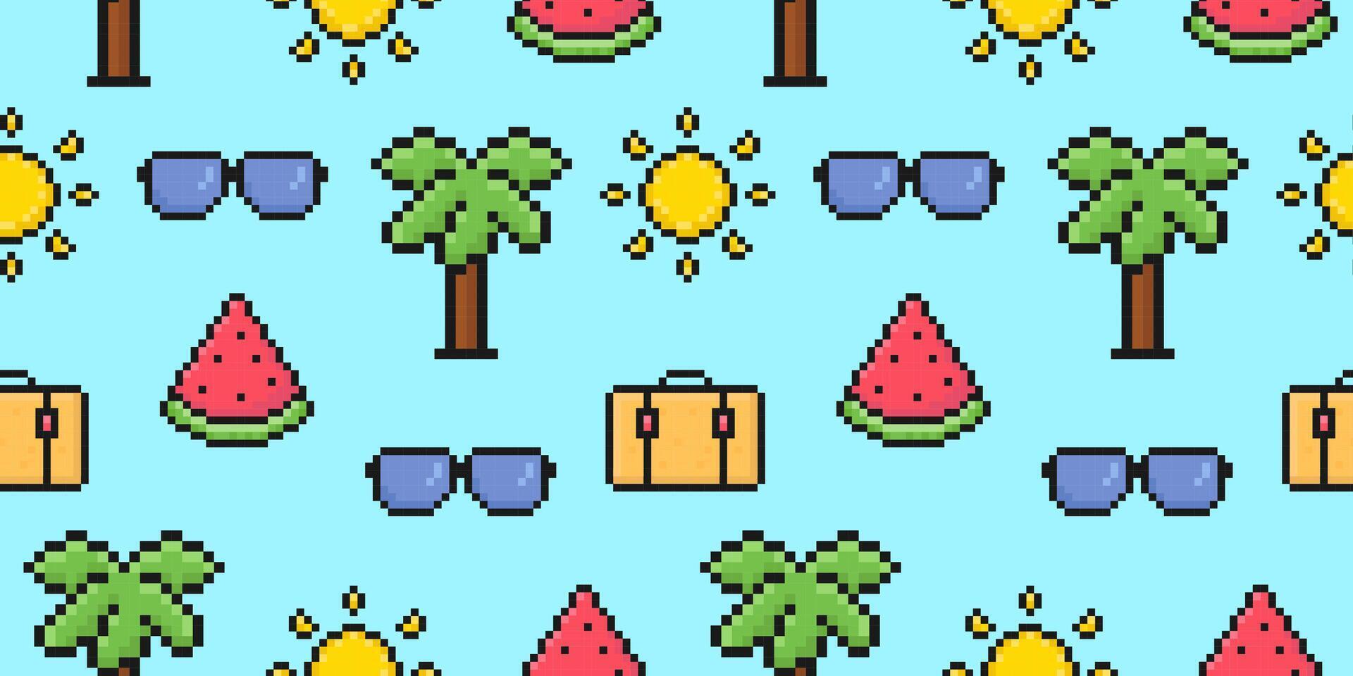 sommar mönster med pixel konst element, solglasögon, handflatan, Sol, vattenmelon, resväska, sömlös mönster för bakgrunder, omslag och Mer, vektor illustration