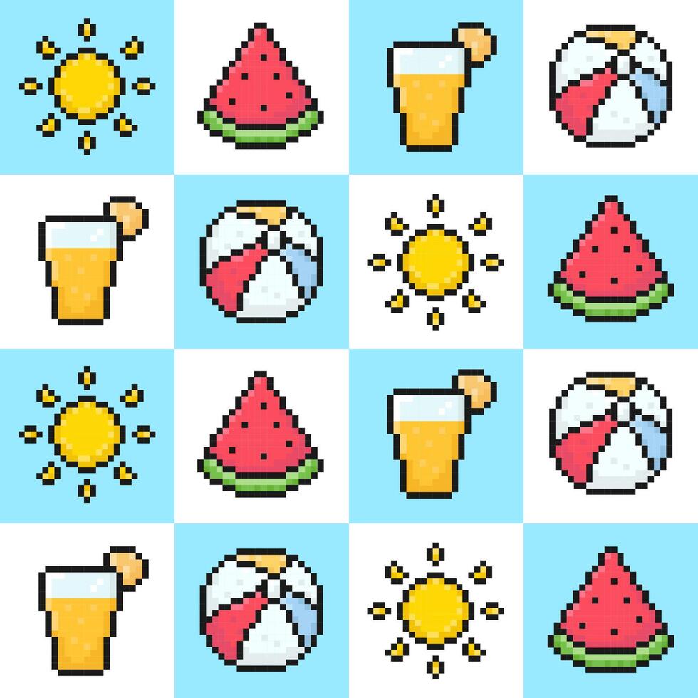 sommar sömlös mönster, pixel konst element, Sol, juice, vattenmelon, strand boll, 8 bit gammal arkad spel stil, sommar bakgrund, omslag, affisch och Mer, vektor illustration