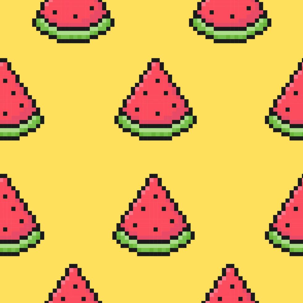 Pixel Kunst Wassermelone Muster, Sommer- hell und bunt nahtlos Muster zum Hintergründe, Verpackung, Sozial Medien und mehr, Vektor Illustration