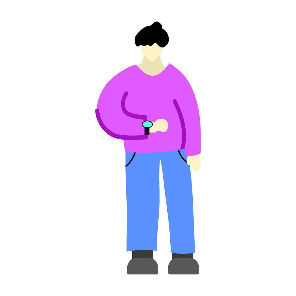 Charakter Illustration von ein Person suchen beim seine betrachten, Pünktlichkeit, Arbeit Zeit, Frist vektor