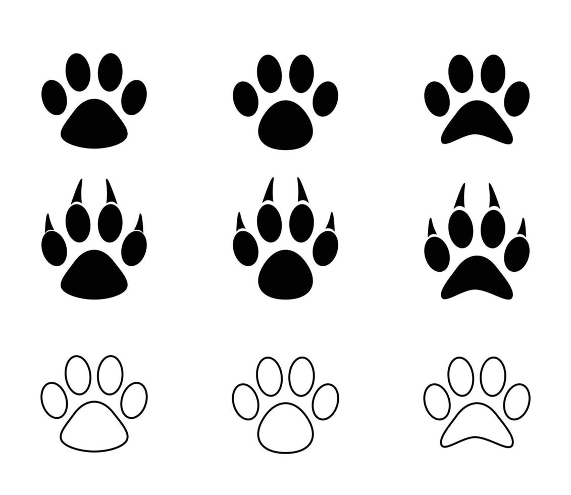 hund och katt tass utskrifter samling, tass ikonuppsättning svart ikon vektor