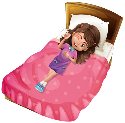 Glad tjej ligger på rosa säng vektor