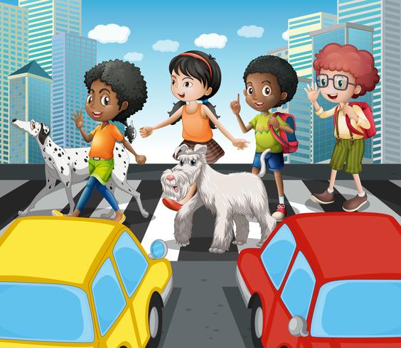 Kinder überqueren die Straße am Zebrastreifen vektor