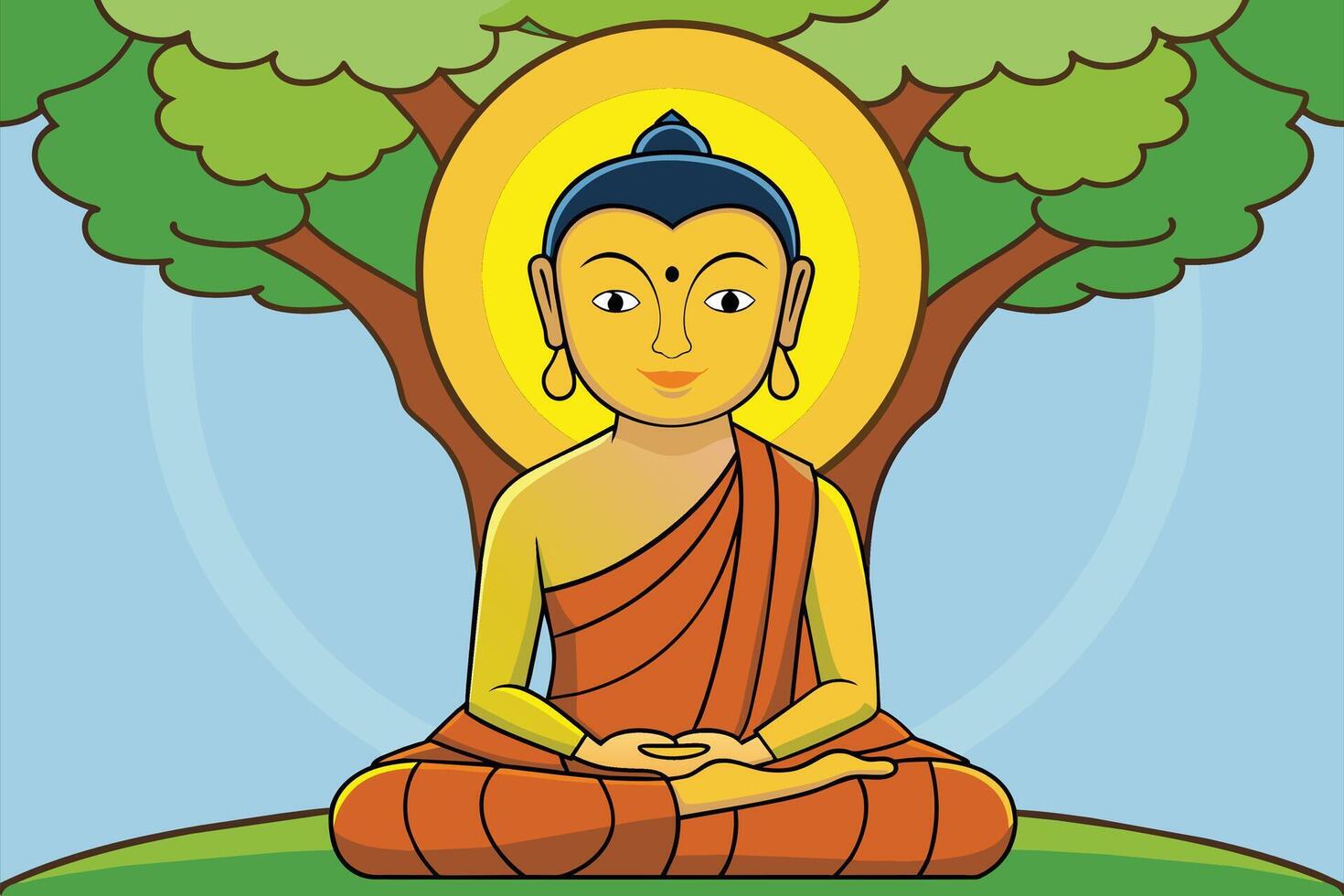 vektor illustration av siddhartha gautama upplyst under bodhi träd, upplysning av de buddha under de bodhi träd