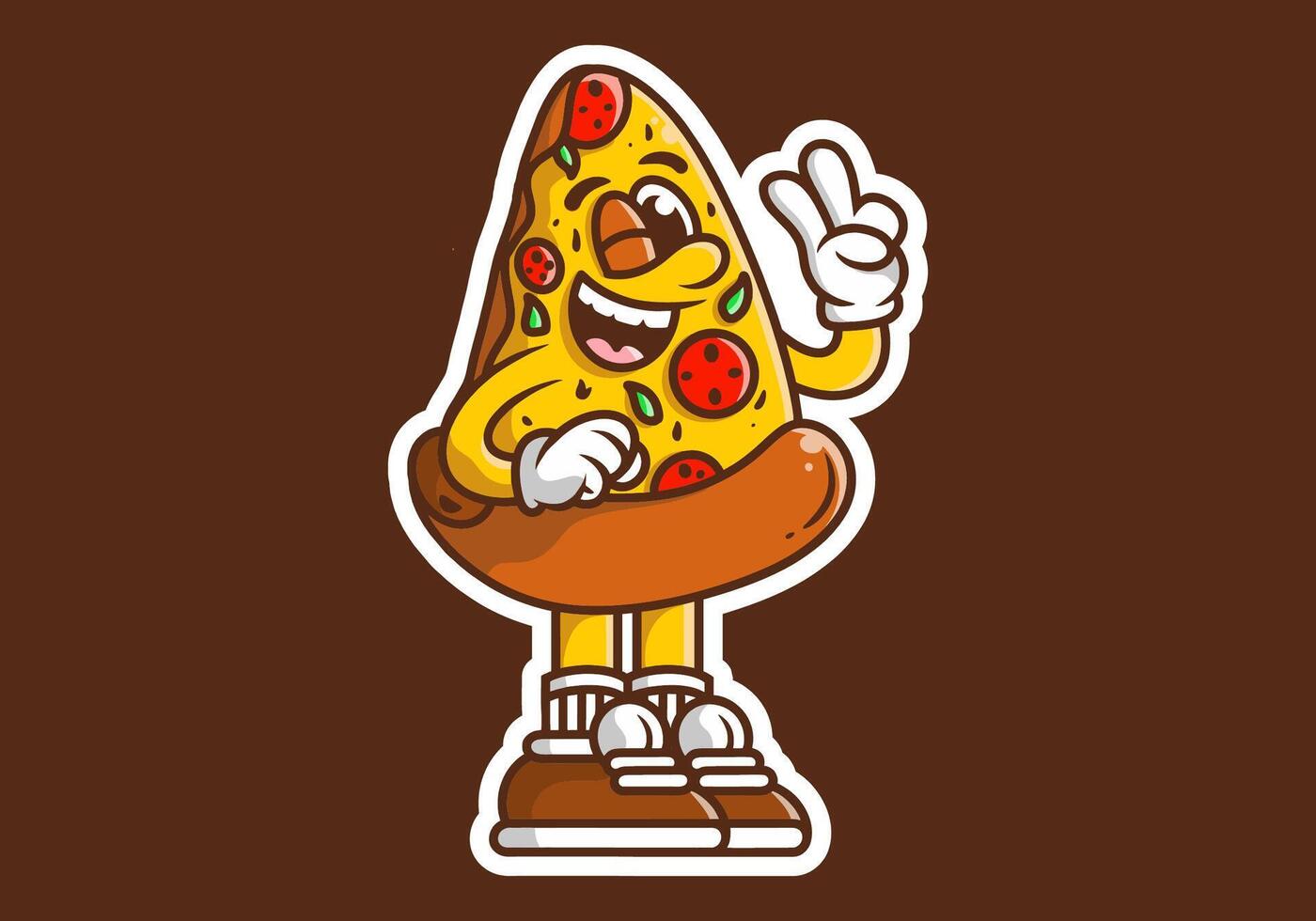 maskot karaktär illustration av en pizza med hand formning fred symbol vektor