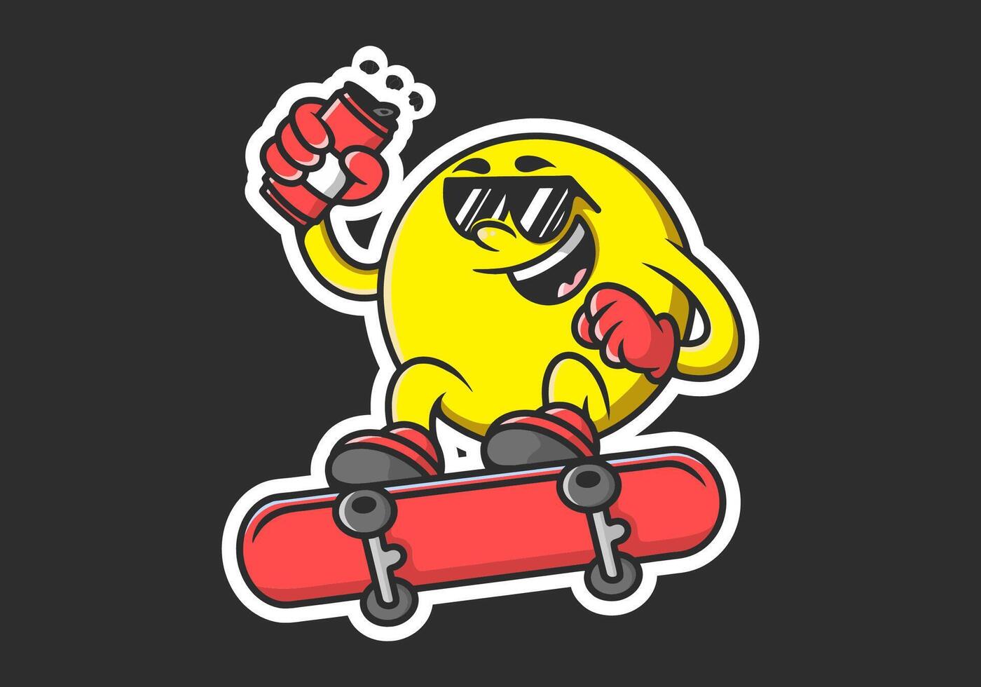 karaktär av gul boll huvud Hoppar på de skateboard. innehav en öl kan vektor