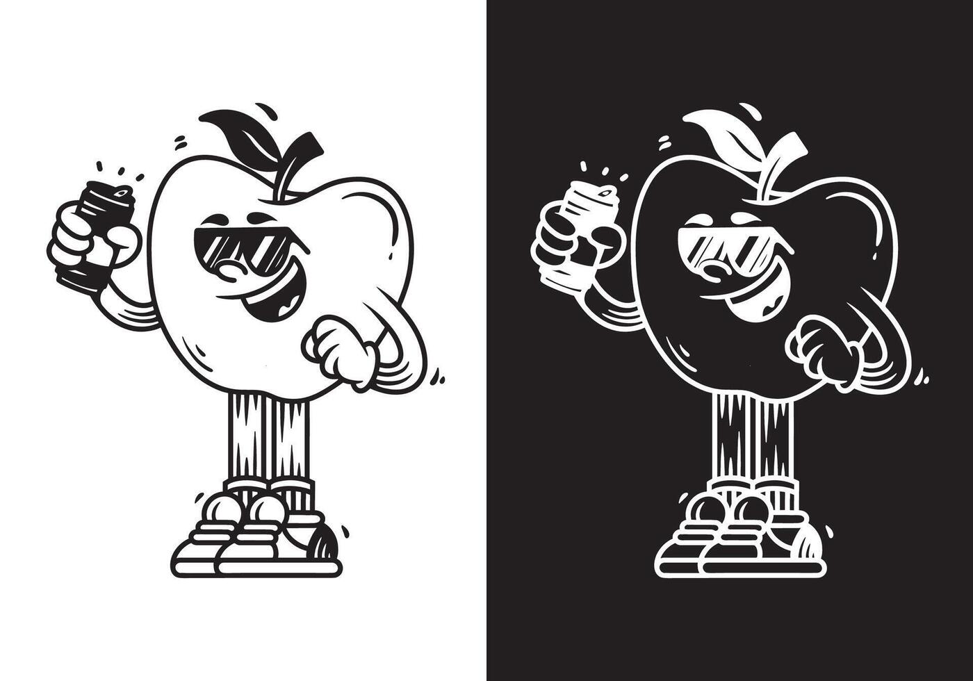 svart och vit illustration av ett äpple karaktär innehav en öl kan vektor