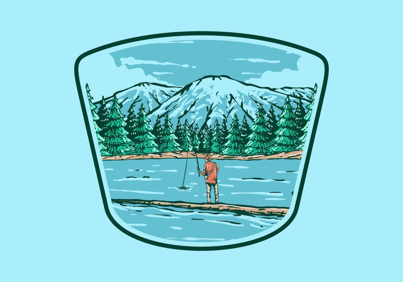 Jahrgang Illustration von ein Mann Angeln auf das See mit Wald und Berg Aussicht vektor