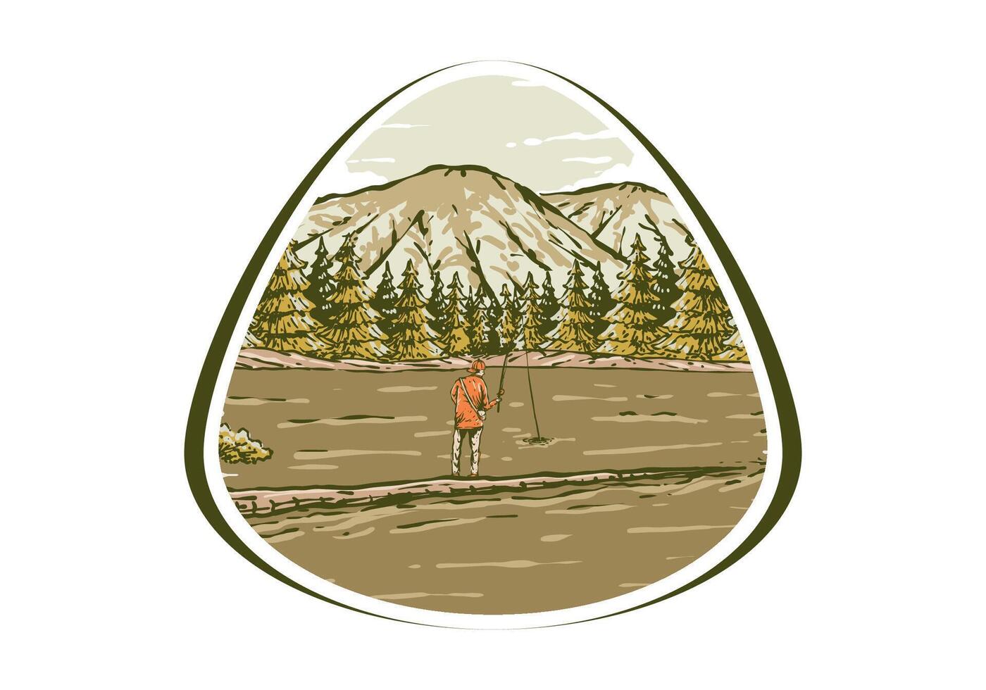Jahrgang Illustration von ein Mann Angeln auf das See mit Wald und Berg Aussicht vektor