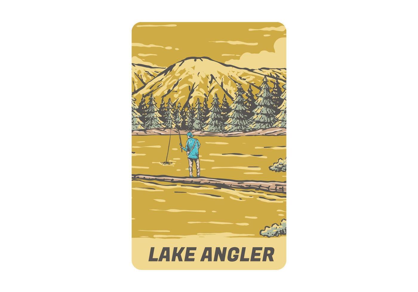 Jahrgang Illustration von ein Mann Angeln auf das See mit Wald und Berg Aussicht vektor