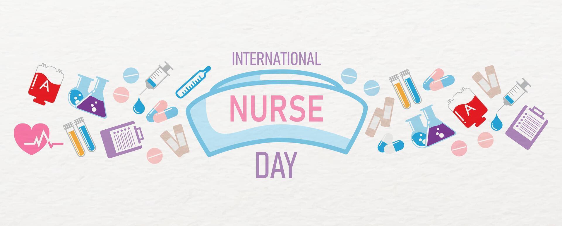 internationell sjuksköterska dag text på stor sjuksköterska hatt och färgrik ikon och objekt av medicinsk amning isolera på vit bakgrund. webb baner vektor design av internationell sjuksköterska dag.