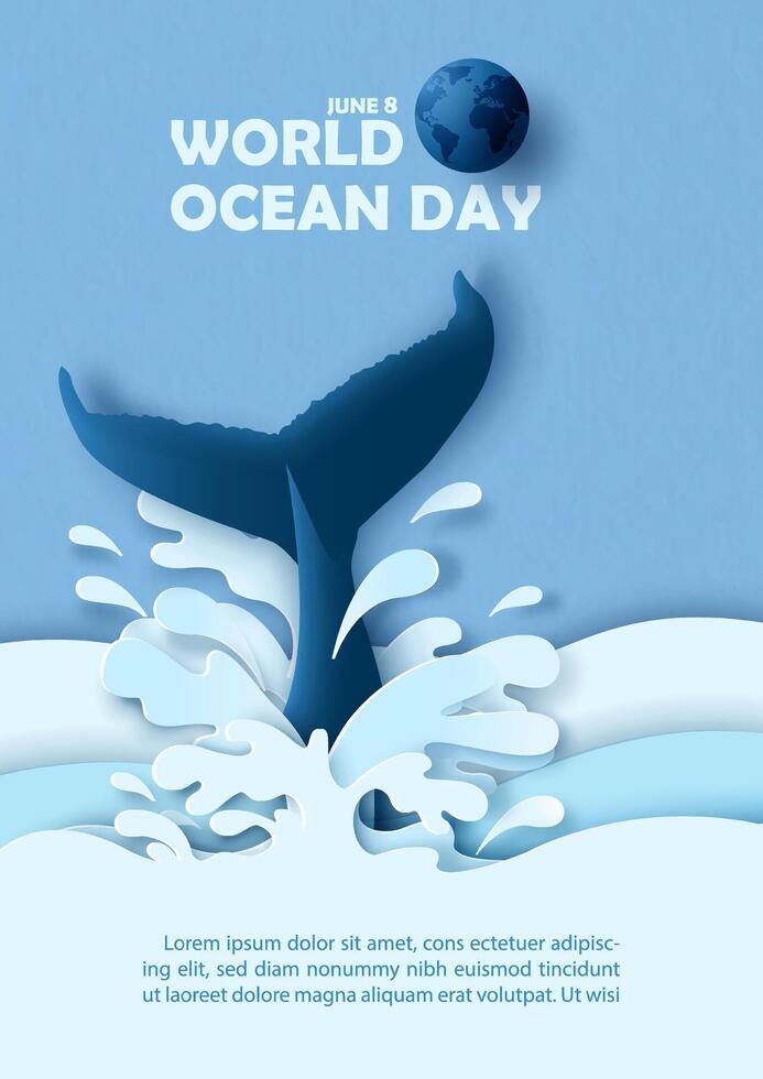 Wal Schwanz mit planschen Wasser und Wortlaut von Ozean Tag auf Blau Papier Muster Hintergrund. Konzept Poster Kampagne von Welt Ozean Tag im Schichten Papier Schnitt Stil und Vektor Design.