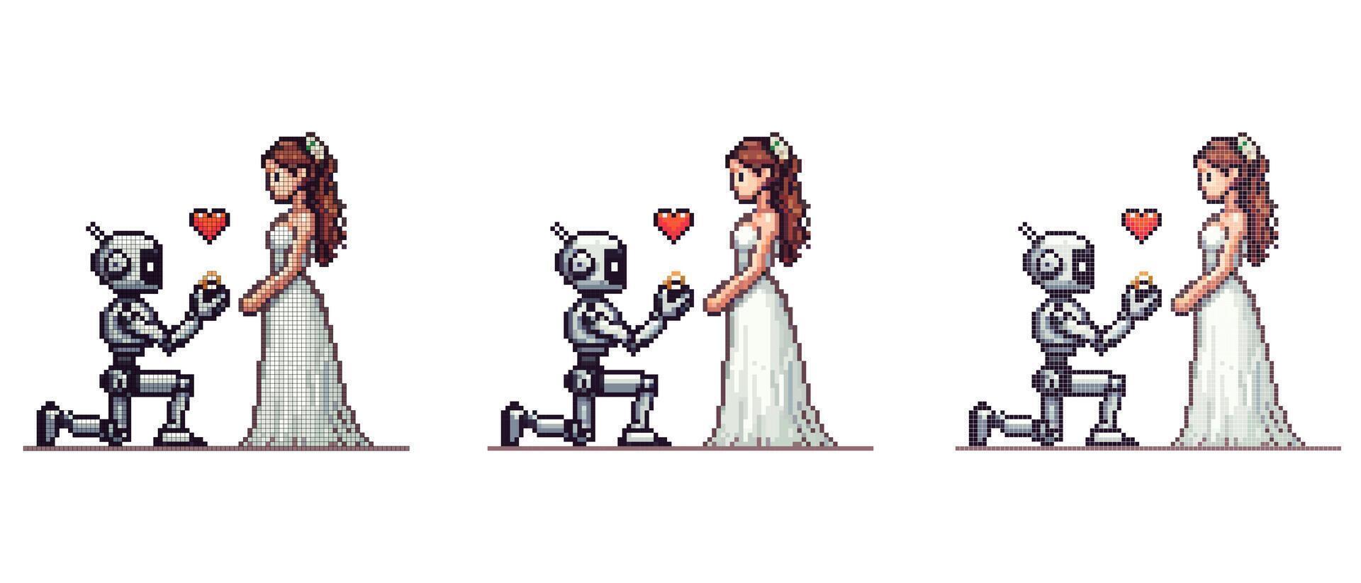 vektor pixel ikon med en robot stående på ett knä i främre av en flicka i en vit bröllop klänning, i hans händer han innehar en ringa, bröllop av en robot och en mänsklig på en vit bakgrund