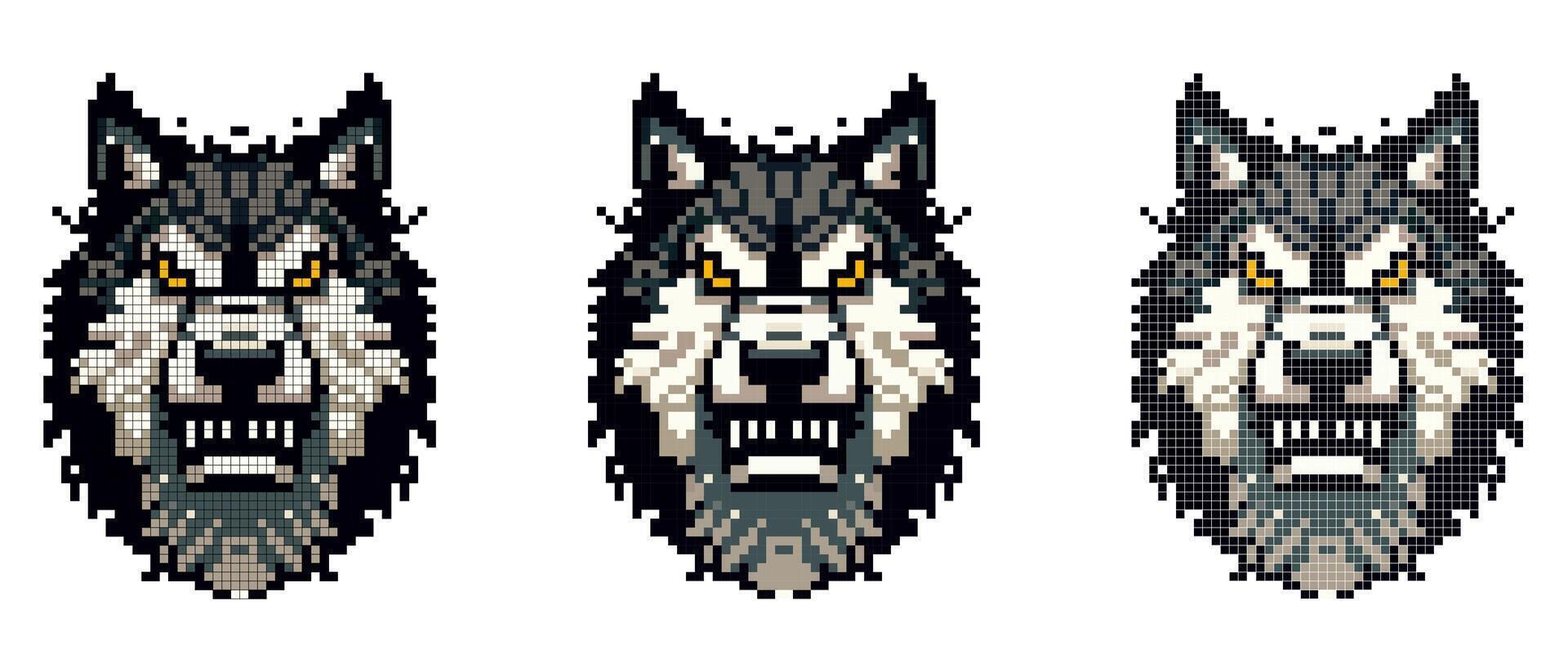 Vektor Pixel Symbol mit ein Porträt von ein grau Wolf Das ist wütend auf ein Weiß Hintergrund