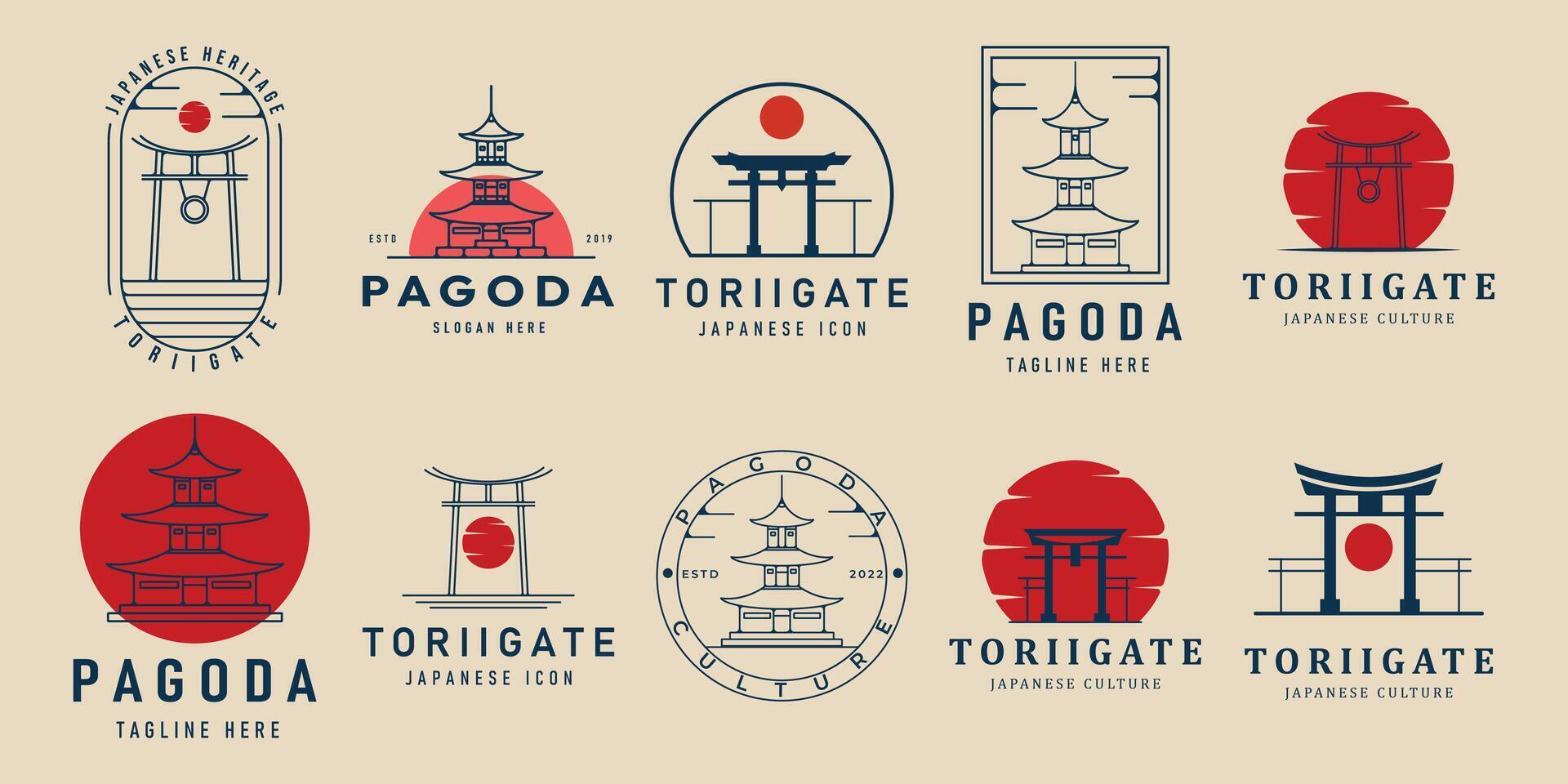 uppsättning toriien Port logotyp av japan tempel, pagod logotyp vektor illustration design grafisk mall