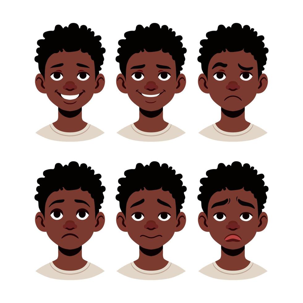 barnets känslor - uppsättning. söt afrikansk amerikan pojke leende, arg, ledsen. vektor illustration