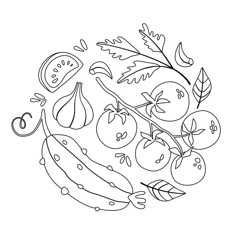 Komposition im das bilden von ein Kreis von Gekritzel Gemüse. Vektor Illustration isoliert auf Weiß Hintergrund. Färbung zum Kinder.