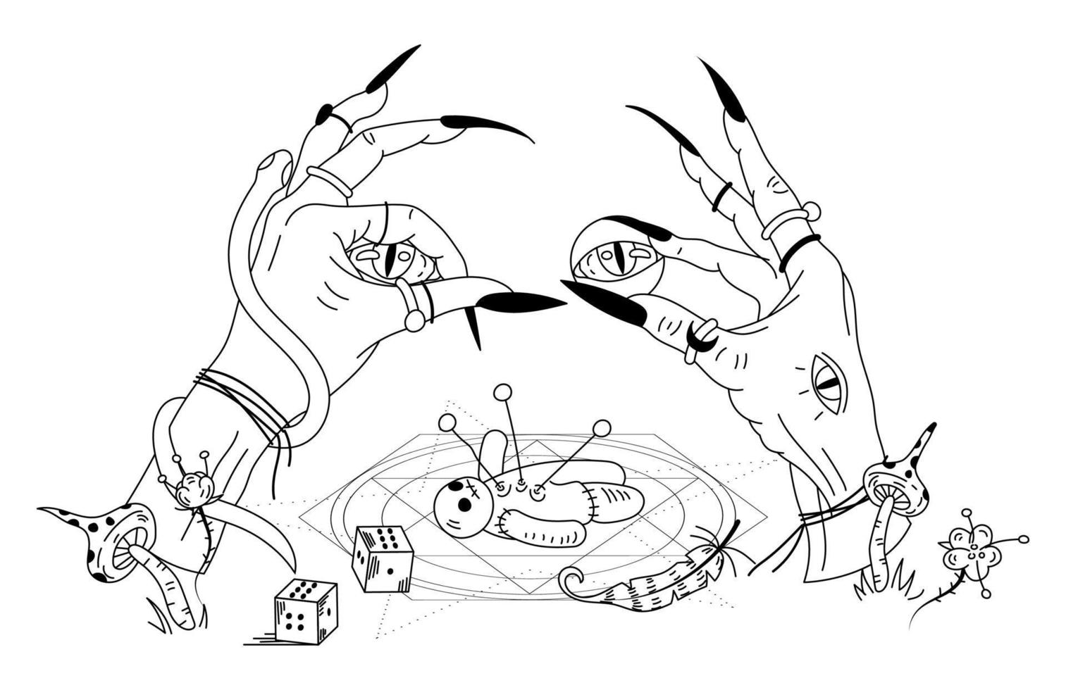 häxhänder och voodoodocka. mystiska handritade doodle vecton illustration vektor