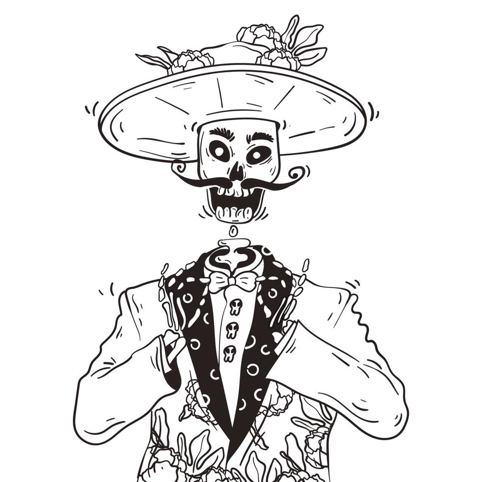 leende skelett. de dödas dag eller dia de los muertos. handritad doodle line art illustration vektor