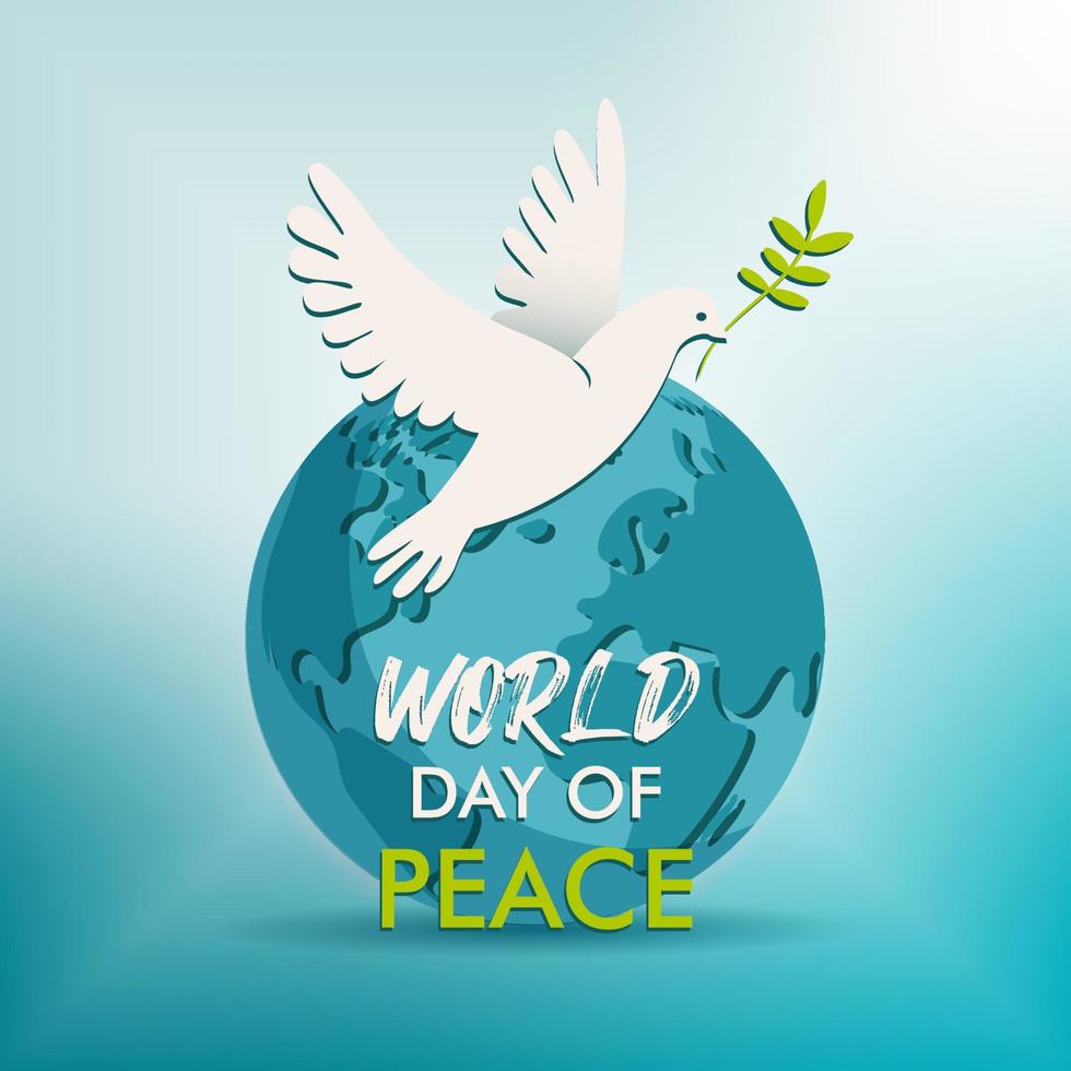 Welttag der Friedensvektorillustration. weiße Taube Friedensvogel mit Olivenzweig fliegt über den Planeten Erde auf blauem Hintergrund. vektor